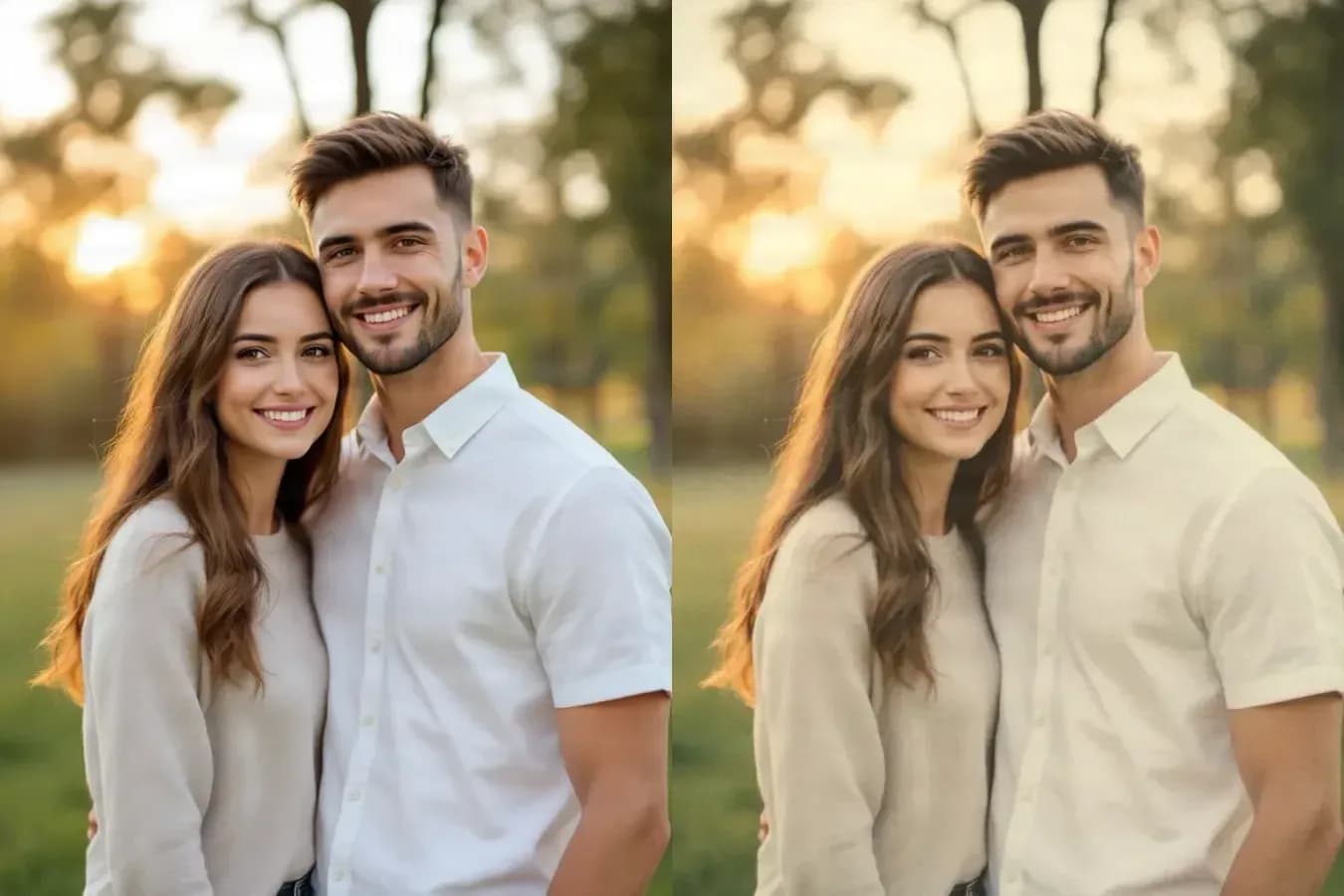 Ein Paar in einem Park zur goldenen Stunde, gezeigt vor und nach dem Vintage-Stil Polaroid