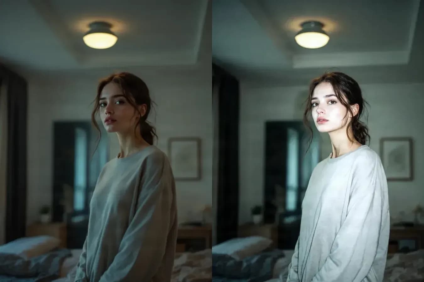 Eine Frau steht nachts in einem Schlafzimmer, gezeigt vor und nach dem Vintage-Stil Y2K Digicam
