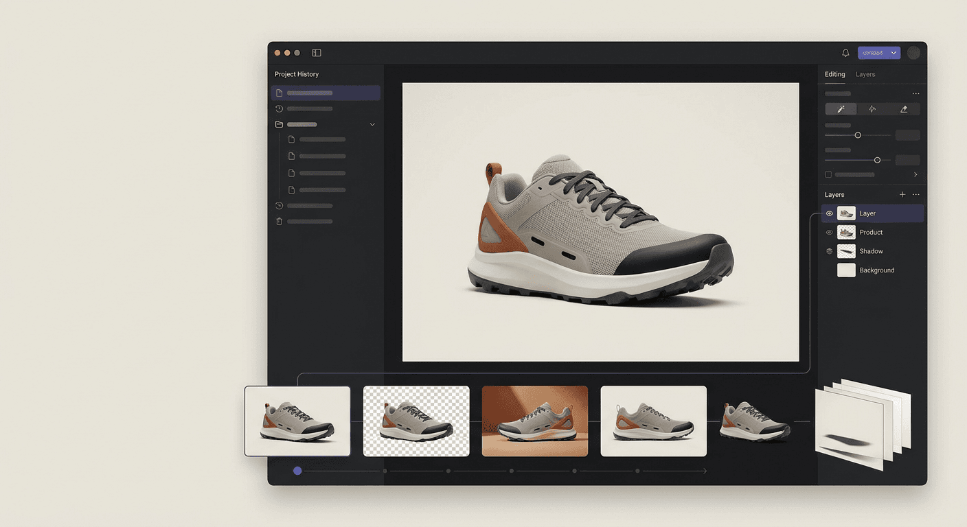 ImageToLayers workspace showing a source image, connected edit history, generated versions, and separated layers