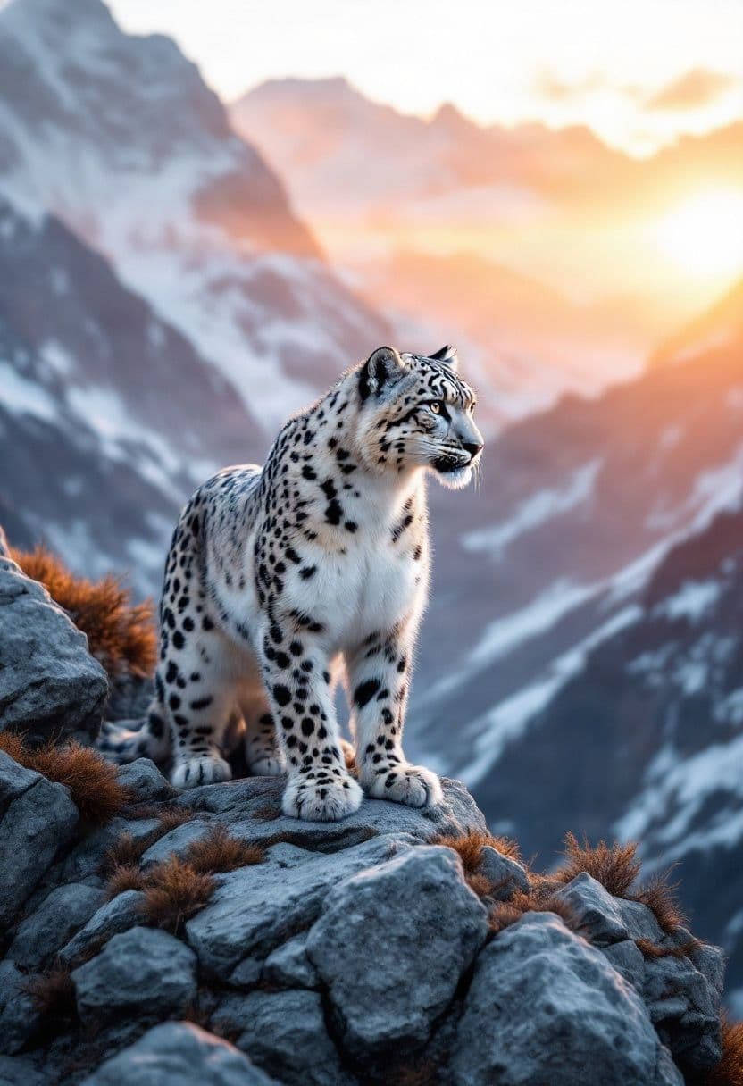 Sneleopard på en bjergryg ved solopgang