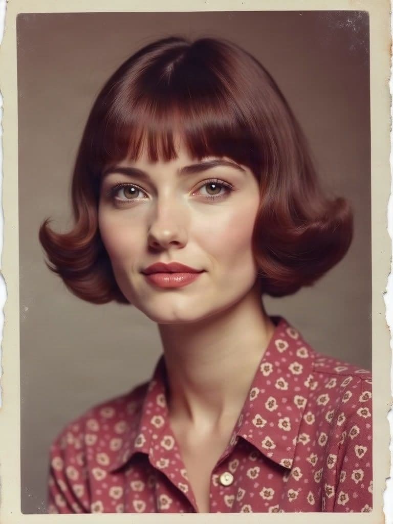 A faded 1960s-style portrait of a woman with a short bob haircut, used as the example