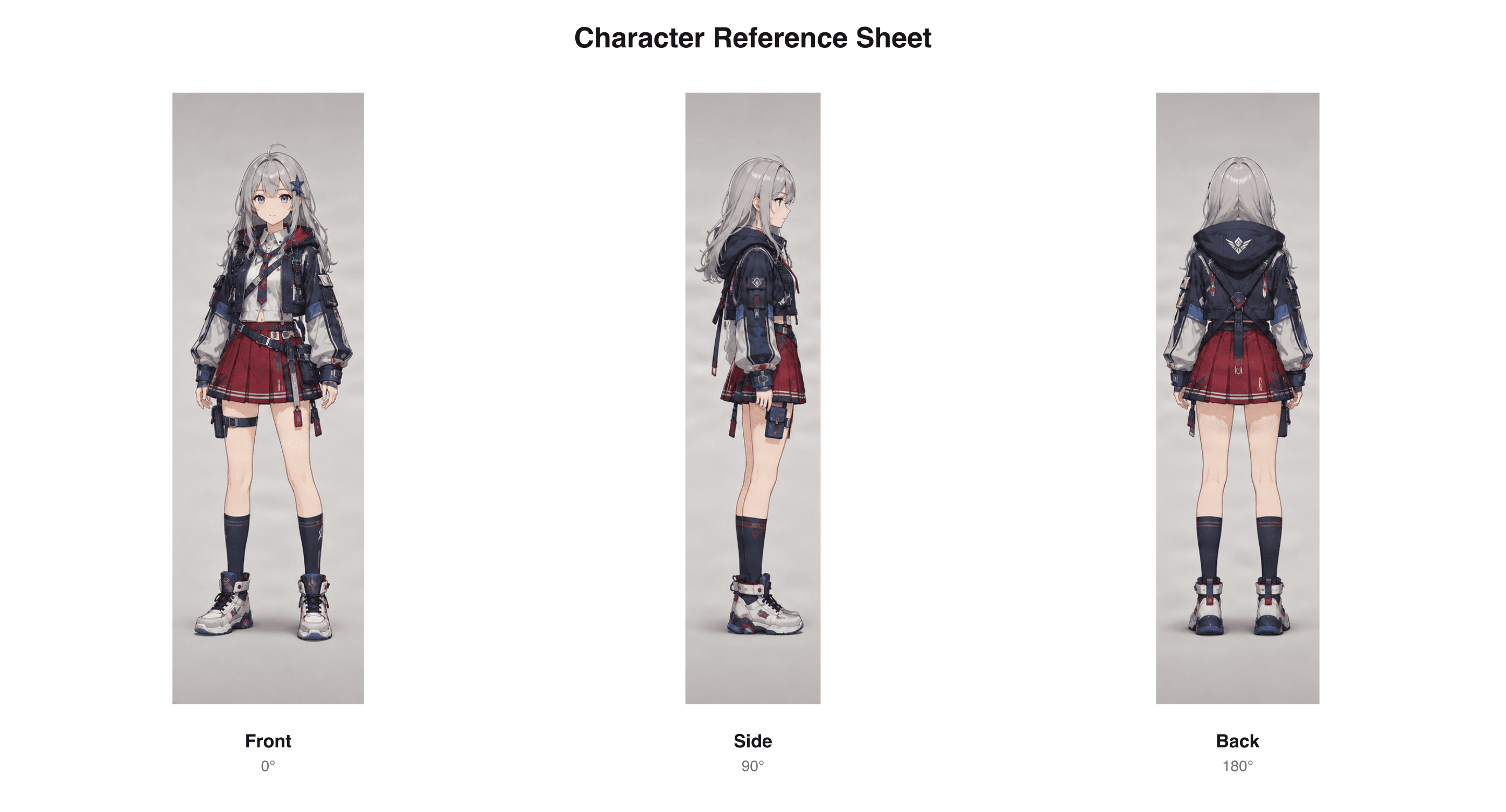 Front, side, and back views of an anime character in one labeled reference sheet