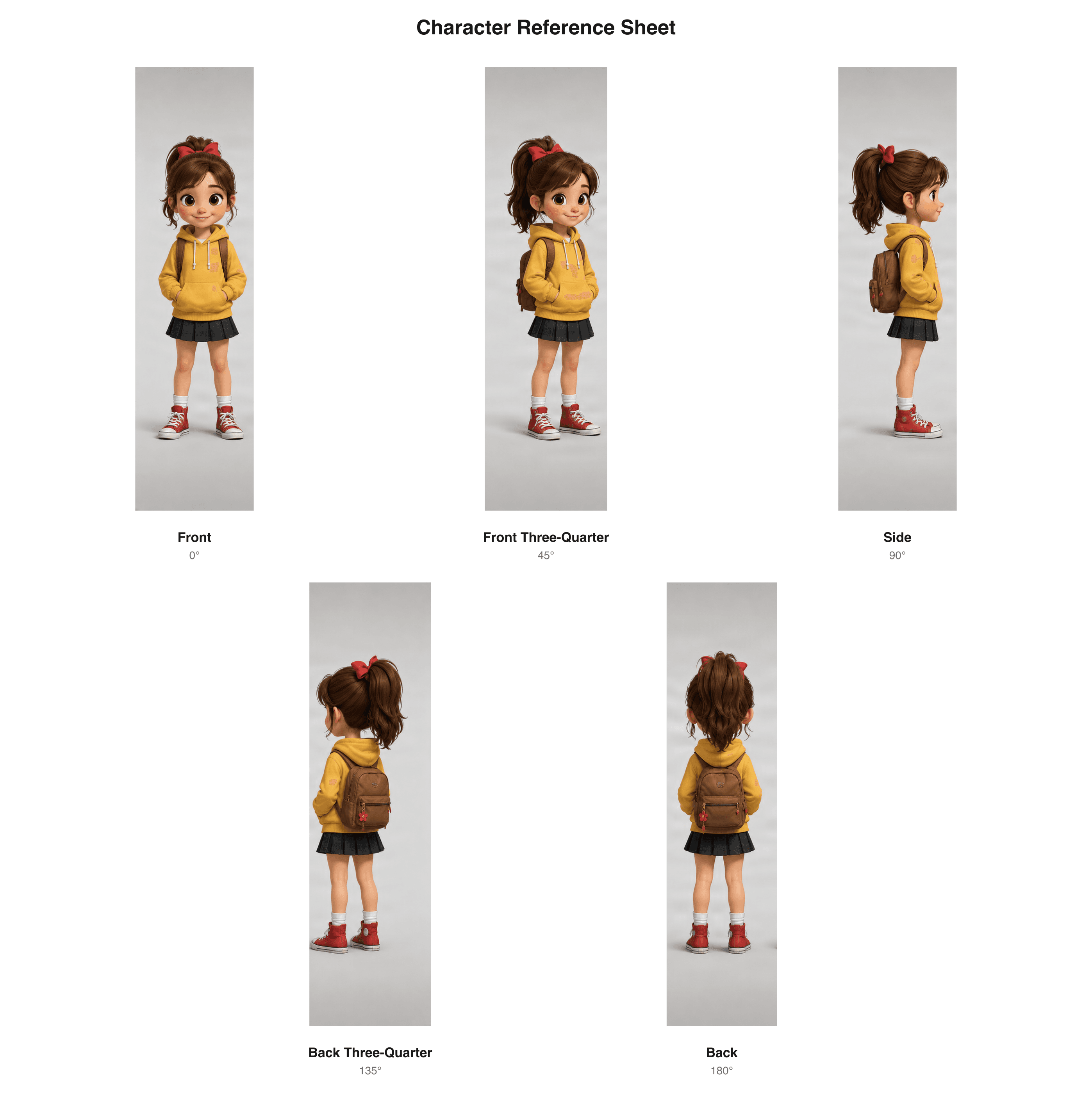 Five cartoon character views arranged in two rows with front, three-quarter, side, rear three-quarter, and back labels