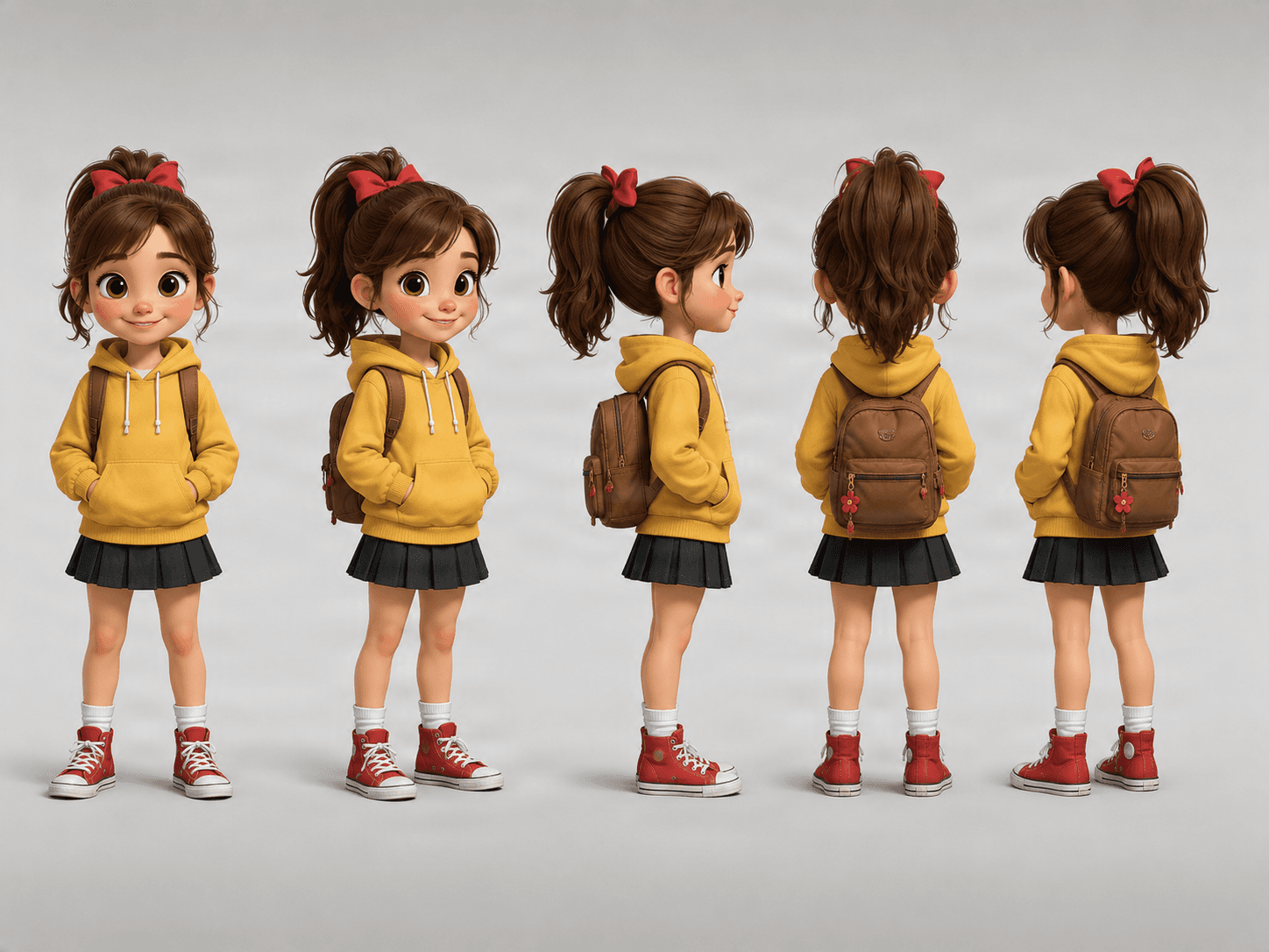 Cartoon character front, side, and back views