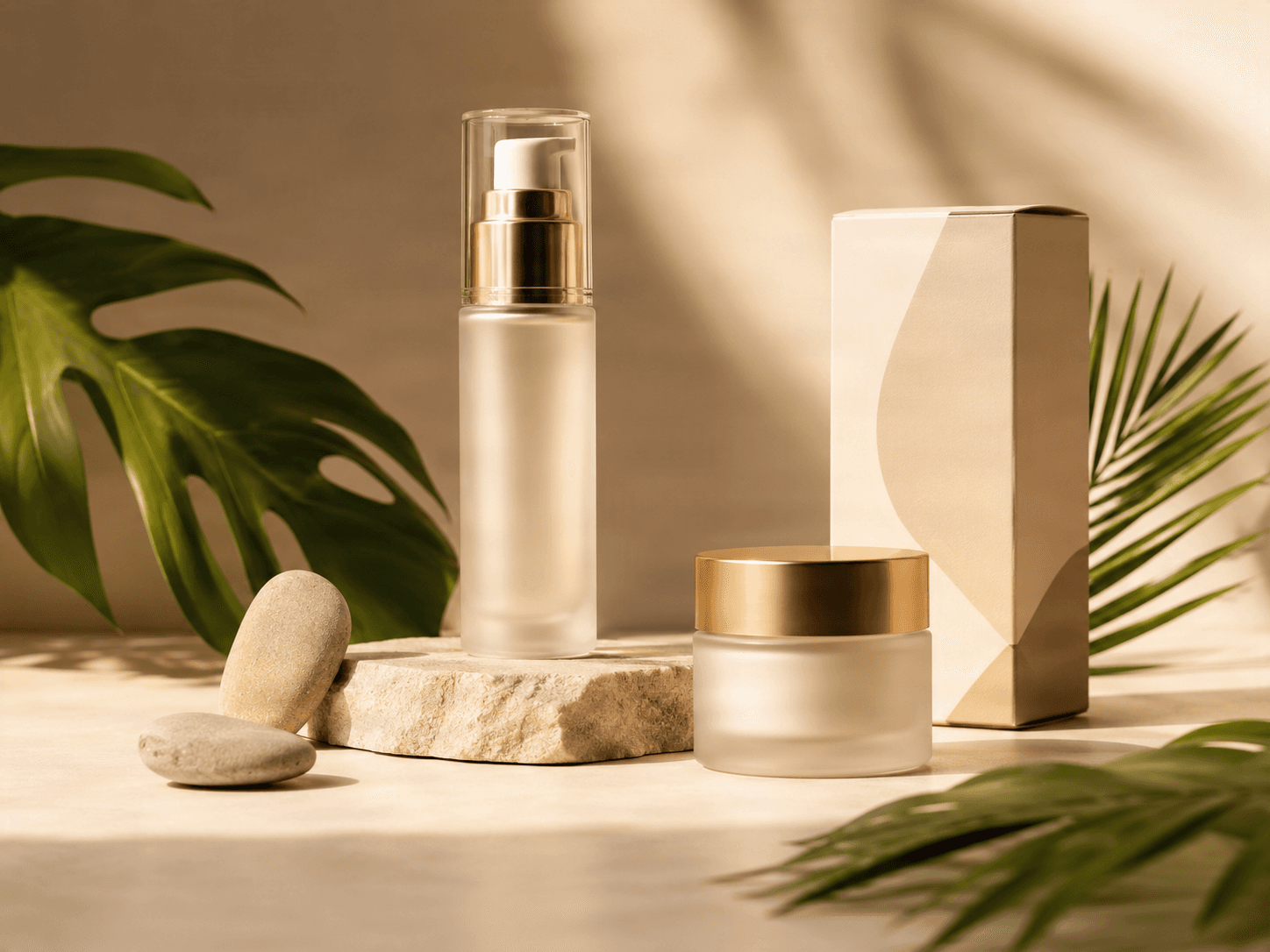 Foto prodotto originale con flacone di siero, vasetto di crema, confezione regalo, pietre e foglie di palma su sfondo beige