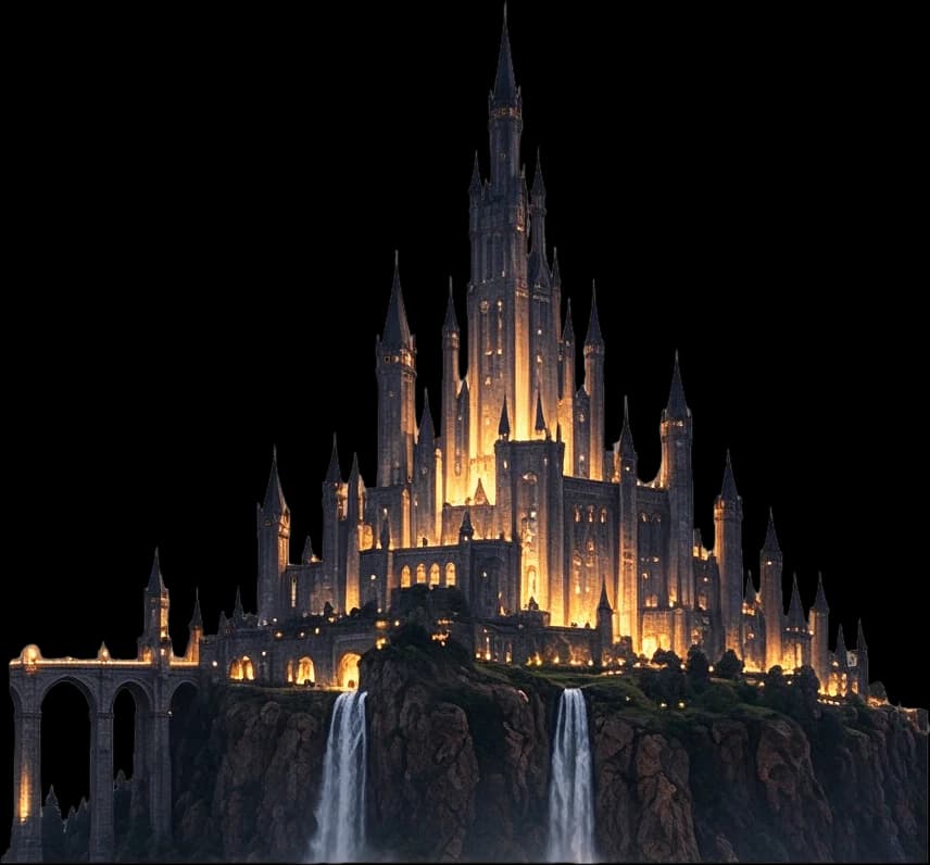 Castle on cliff with bridges and waterfalls