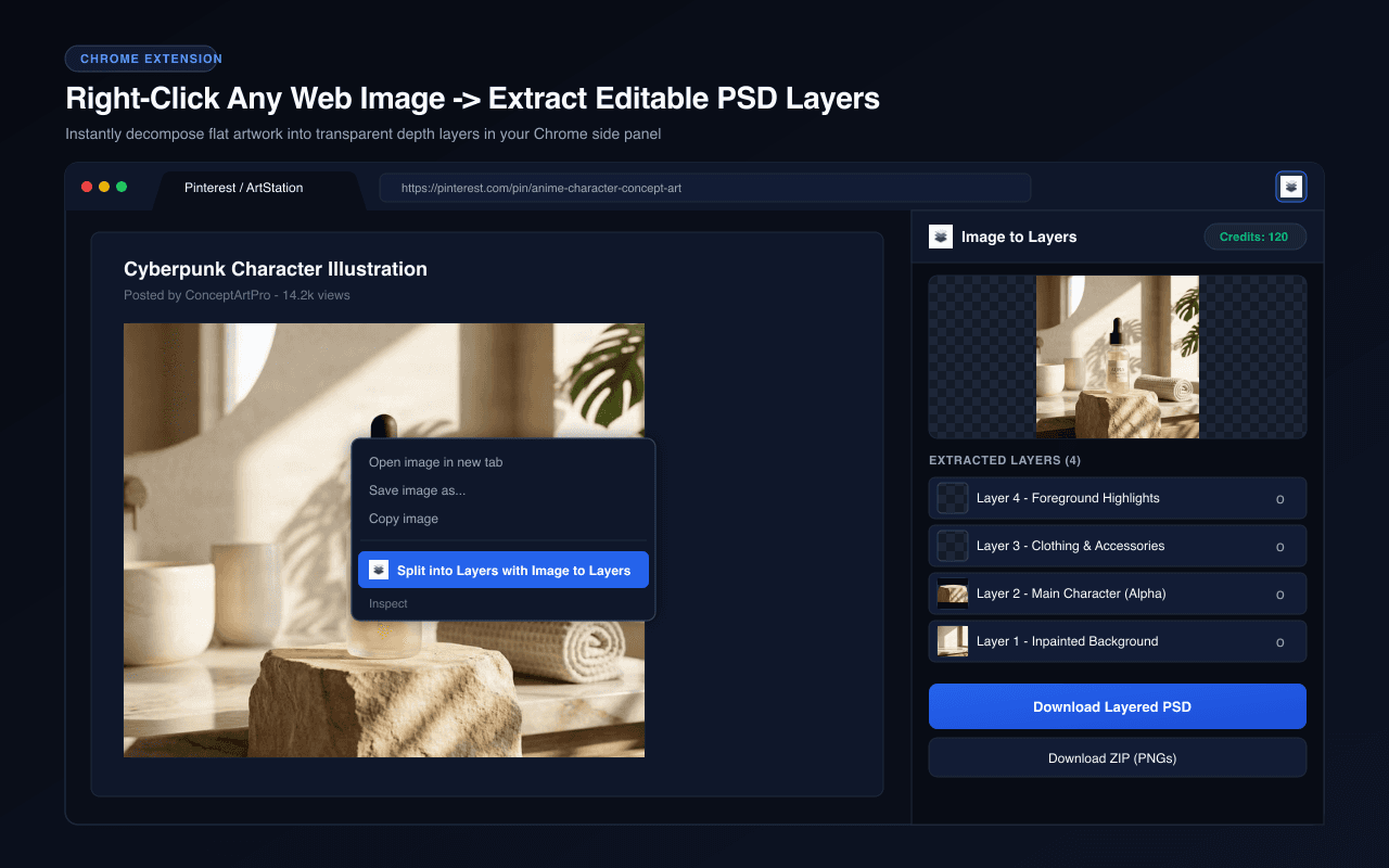 ImageToLayers Chrome extension workflow preview showing a selected web image, a right-click action, and the side panel layer list.