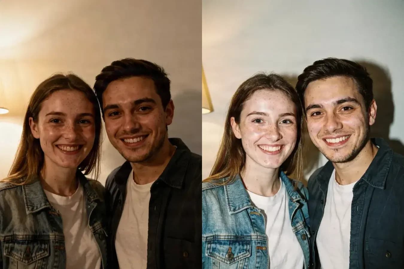 Two friends standing against a wall indoors, shown before and after the 90s Flash look