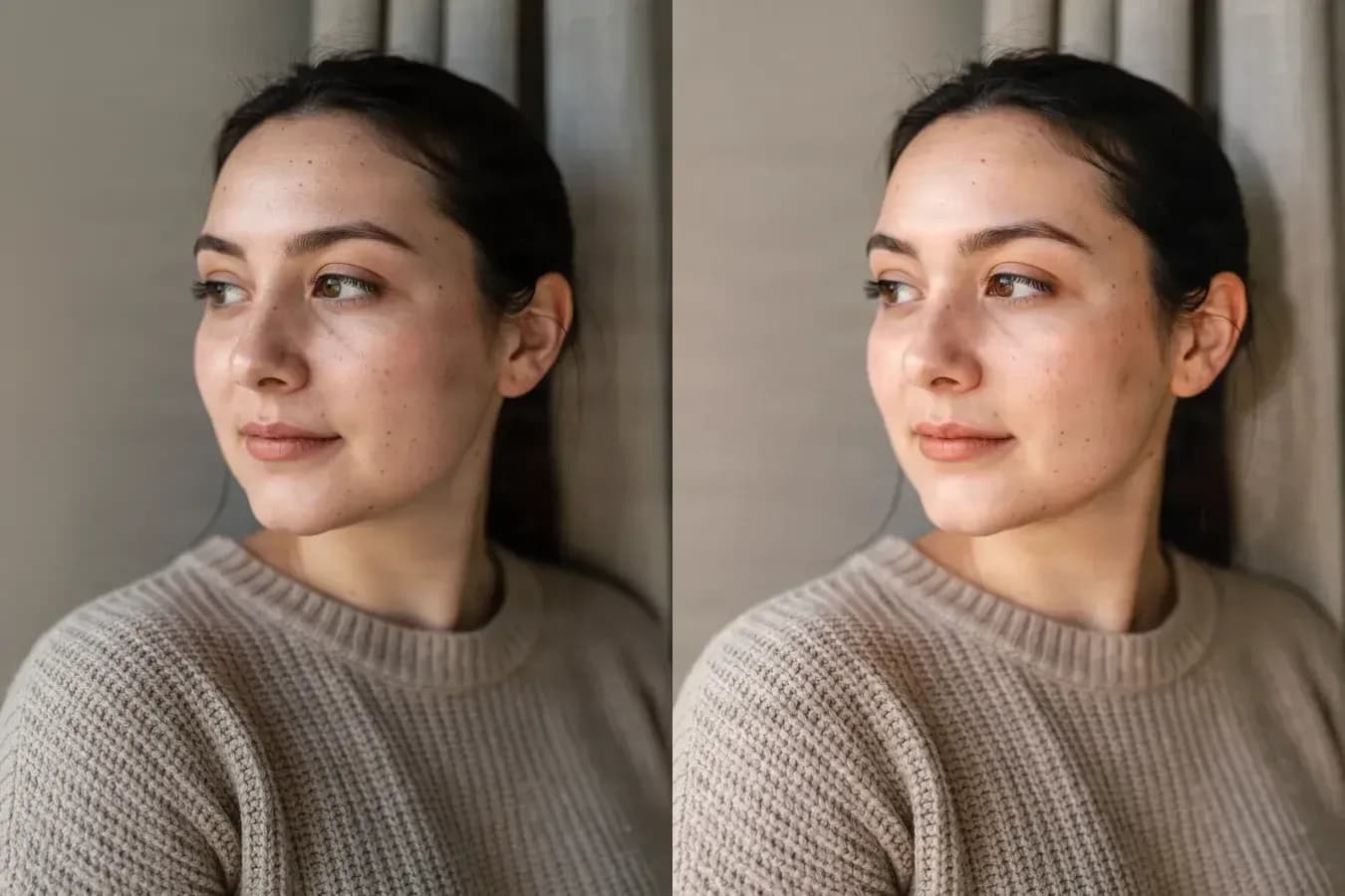 A casual window-light portrait, shown before and after the 90s Glamour look
