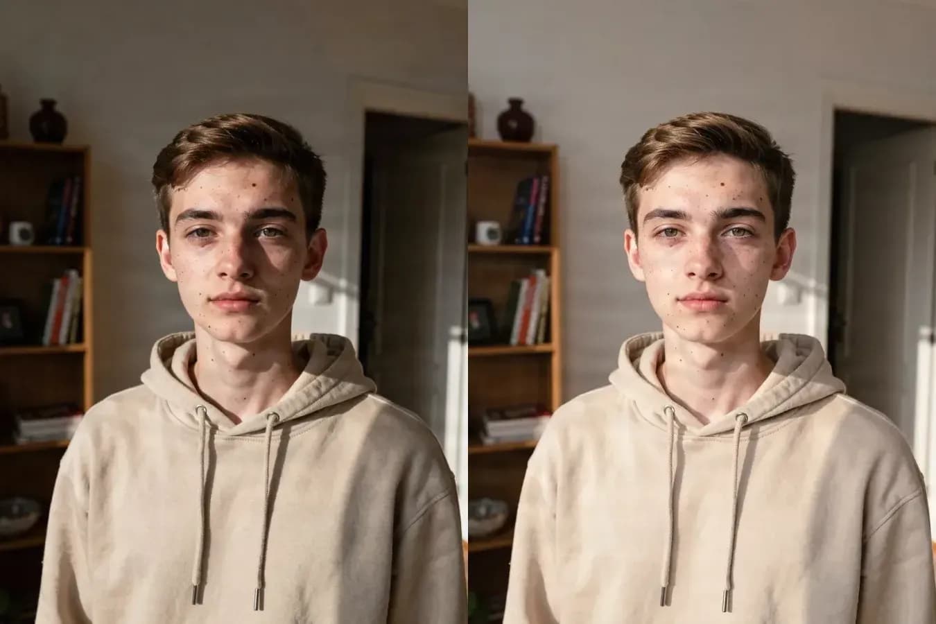A casual indoor portrait with strong side light, shown before and after the 90s Yearbook look