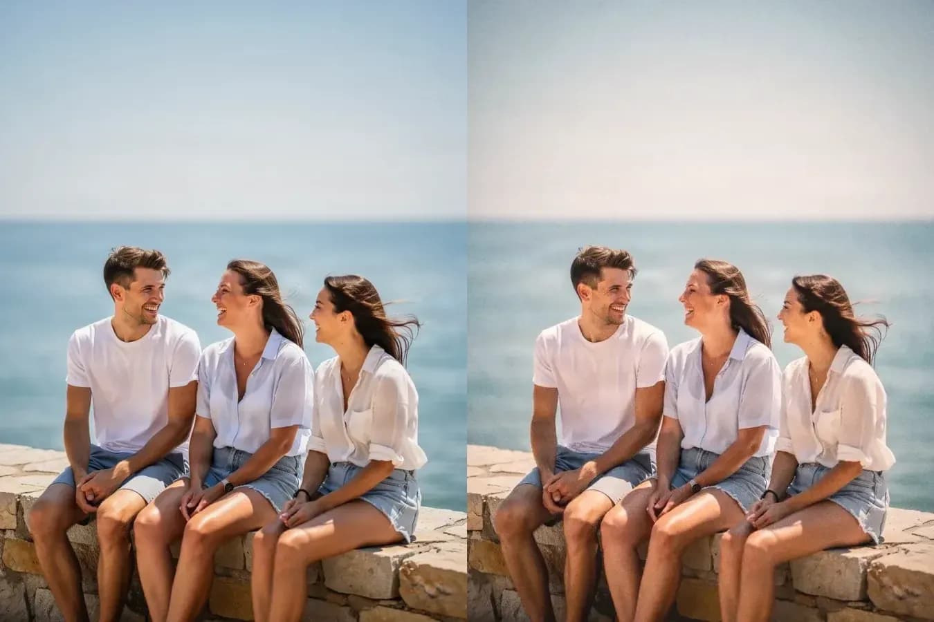 Three friends sitting by the sea, shown before and after the Disposable Camera look