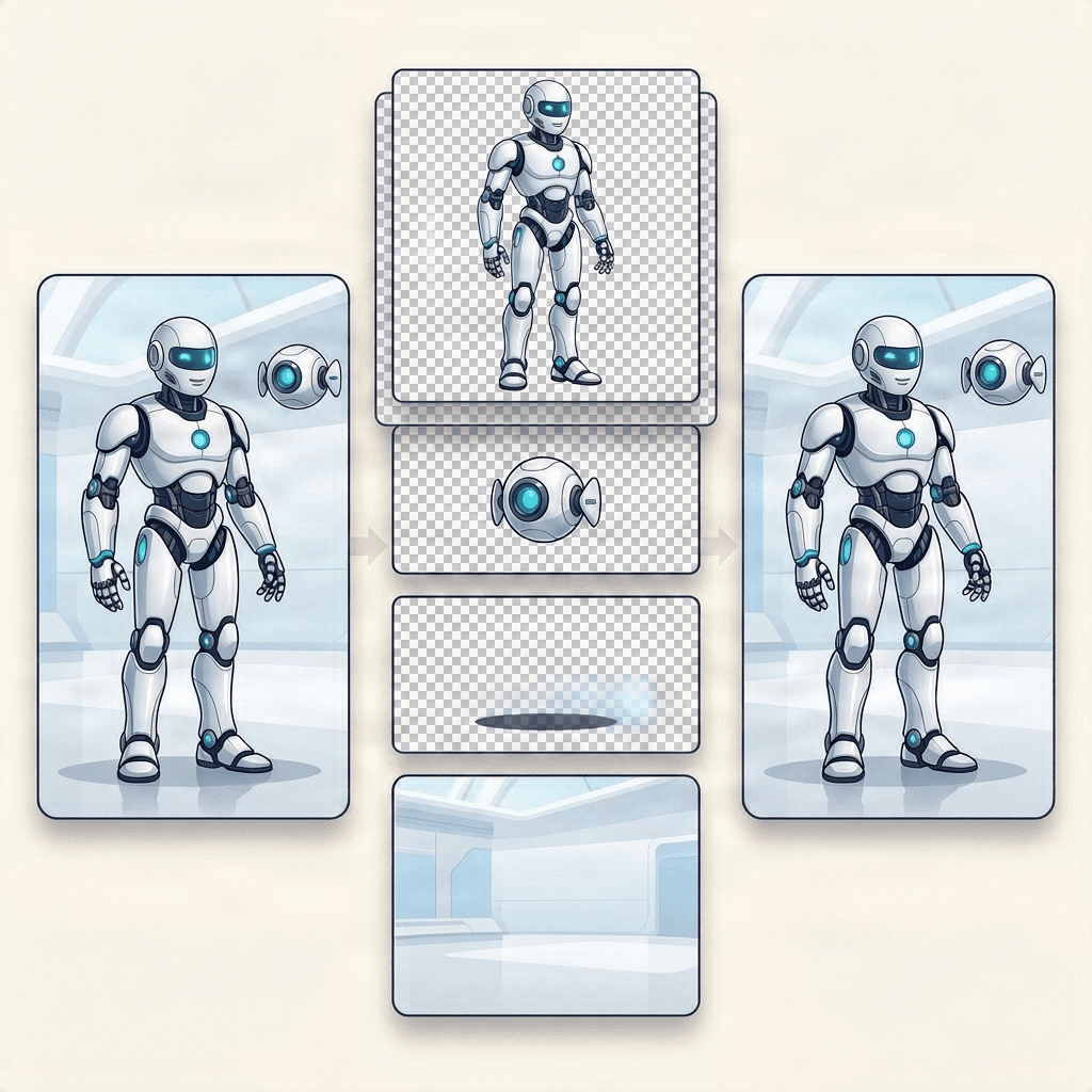 Showcase diagram: original Gemini image separated into four aligned editable layers and recomposed