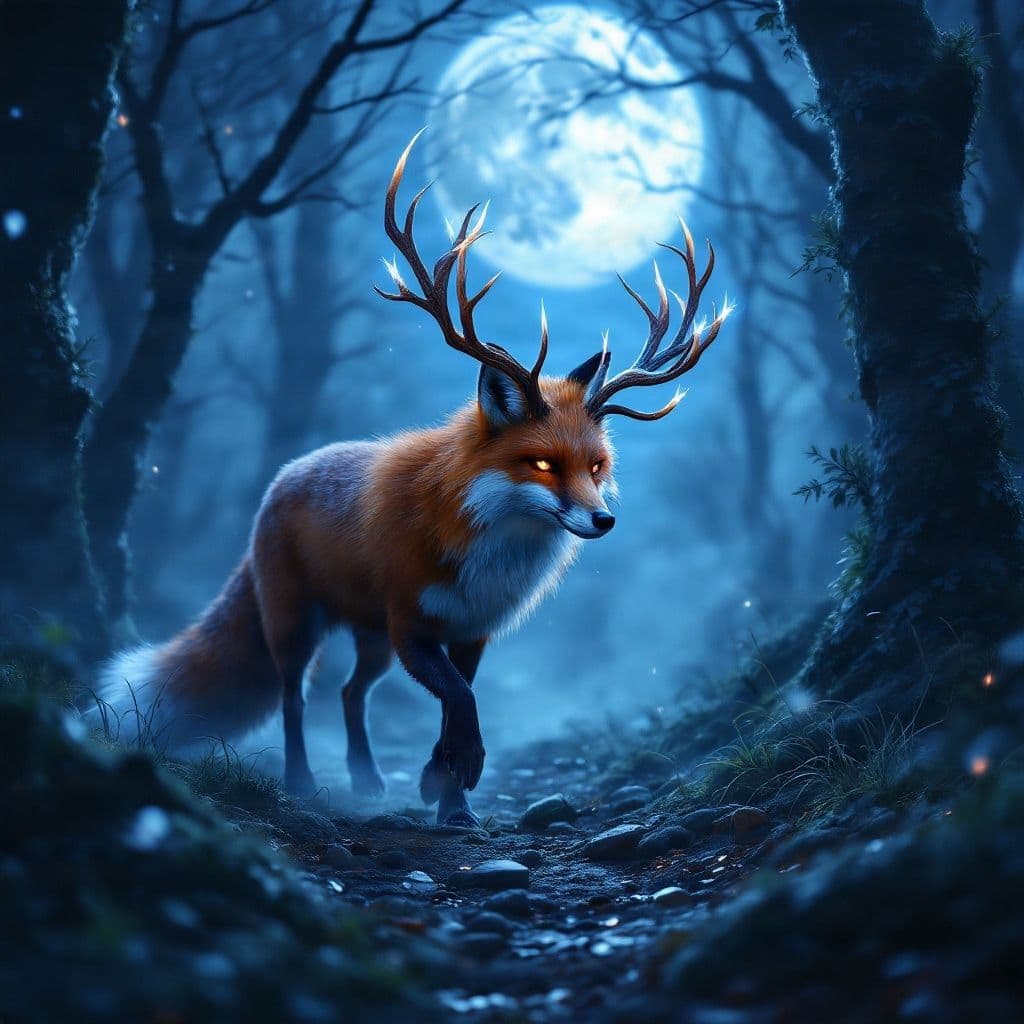 Fantasy rød ræv med glødende gevir i en månebelyst skov