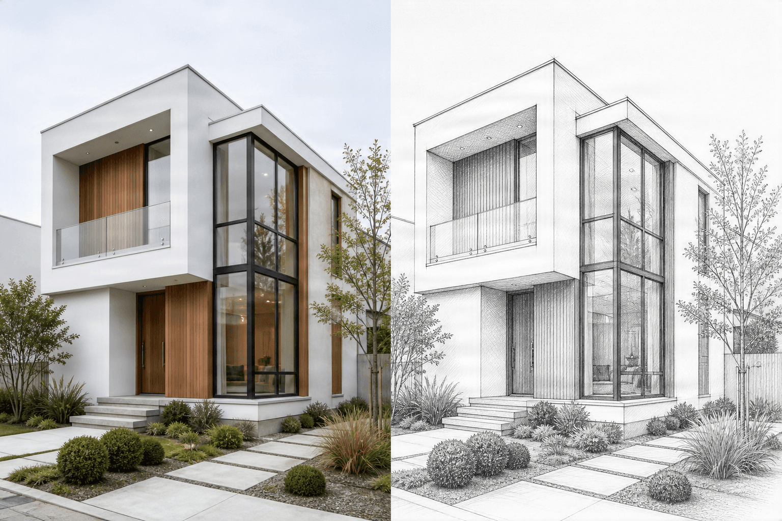 Fotografía de casa moderna transformada en arte lineal arquitectónico a juego