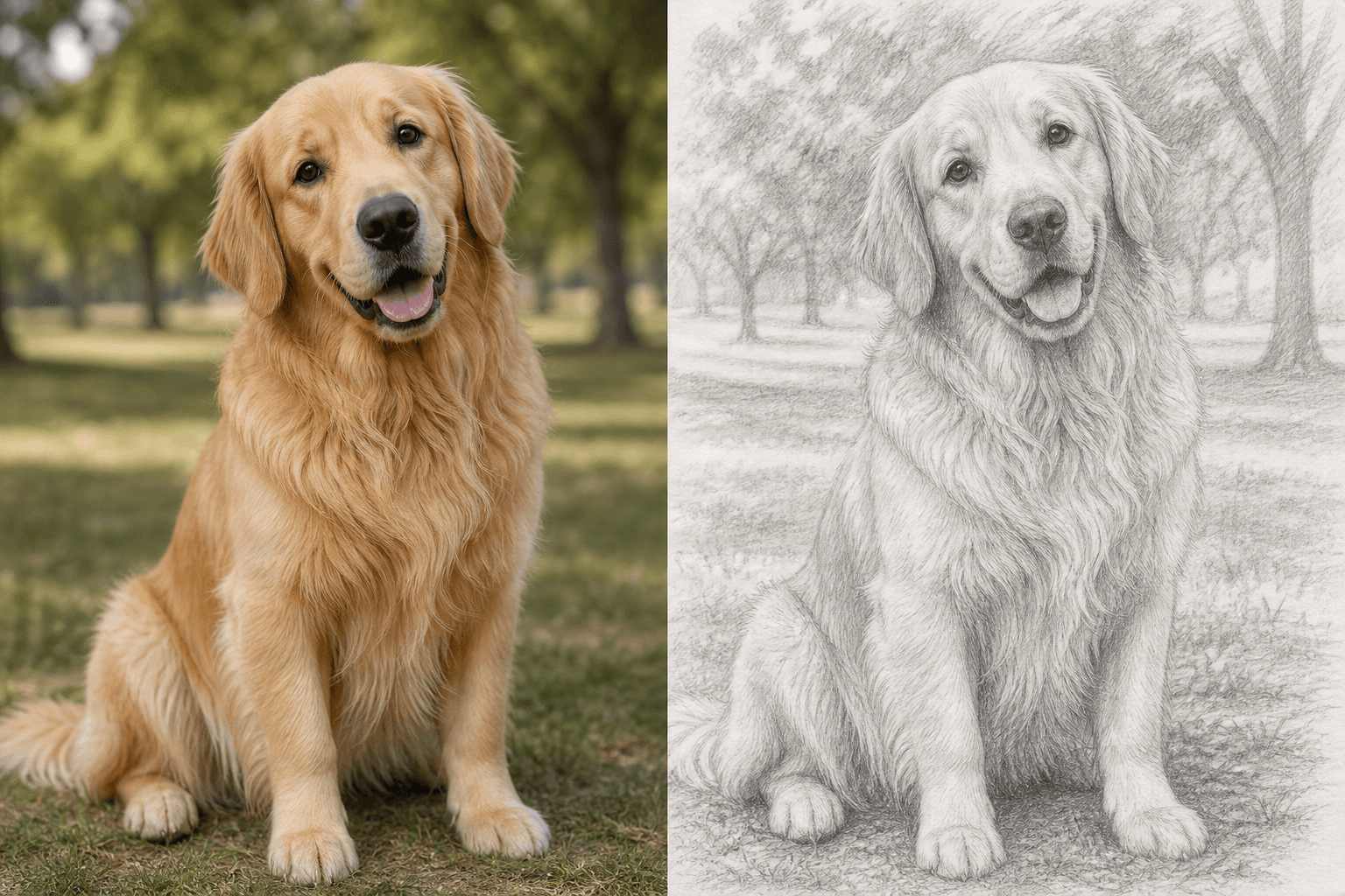 Foto de golden retriever transformada en un boceto a lápiz a juego