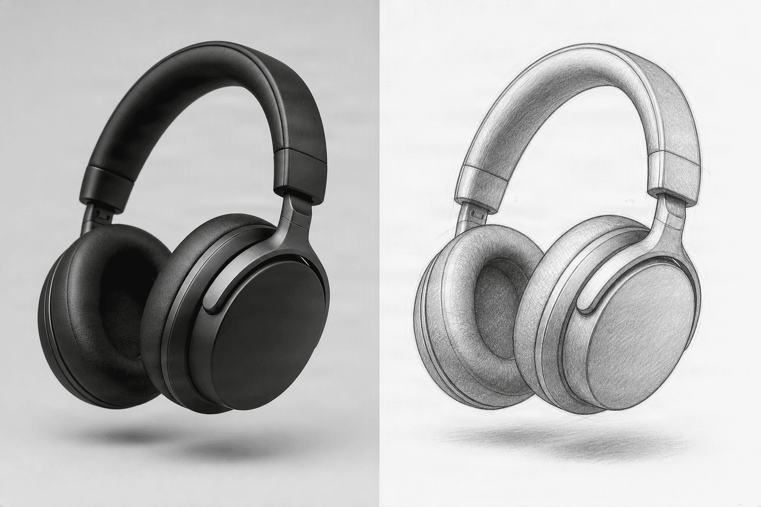 Fotografía de producto de auriculares transformada en un boceto de diseño industrial a juego