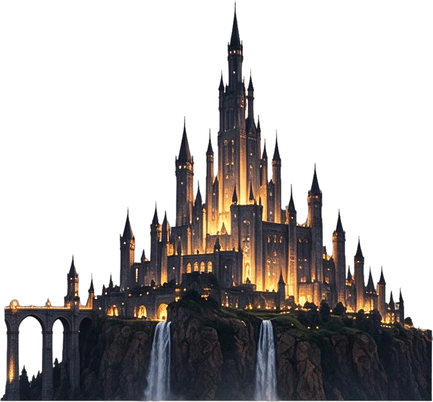 Castle on cliff with bridges and waterfalls