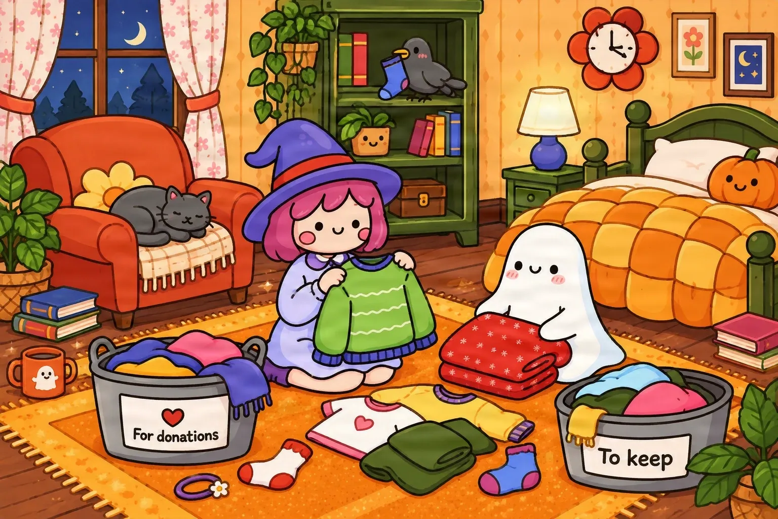 Colorful cartoon bedroom scene with a little witch, a friendly ghost, furniture, clothing, and decorative objects.