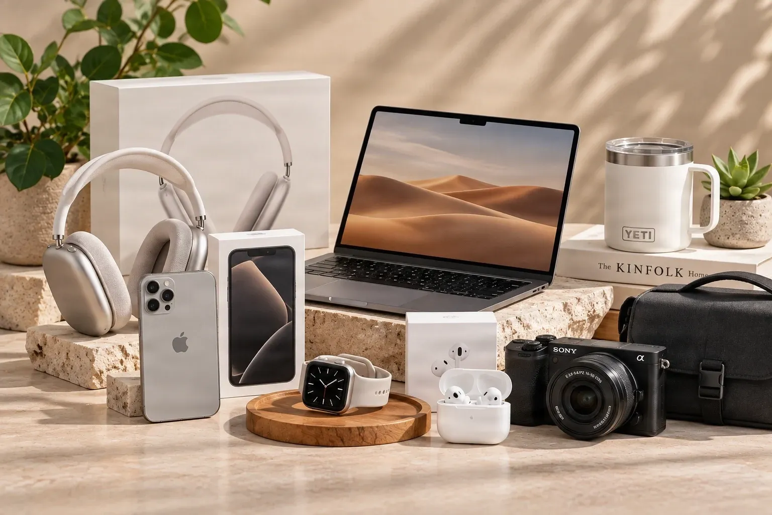Original electronics collection photograph with multiple products and decorative objects arranged together